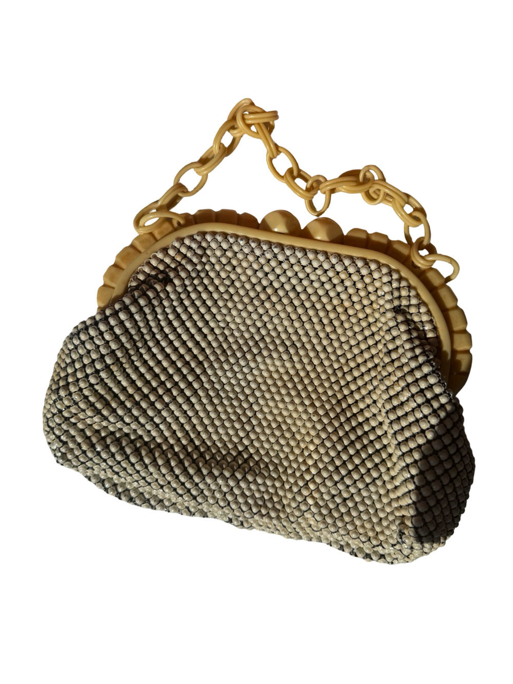 1940s Whiting & Davis Alumesh Beaded Cream Mesh Purse With Lucite Frame - ,
